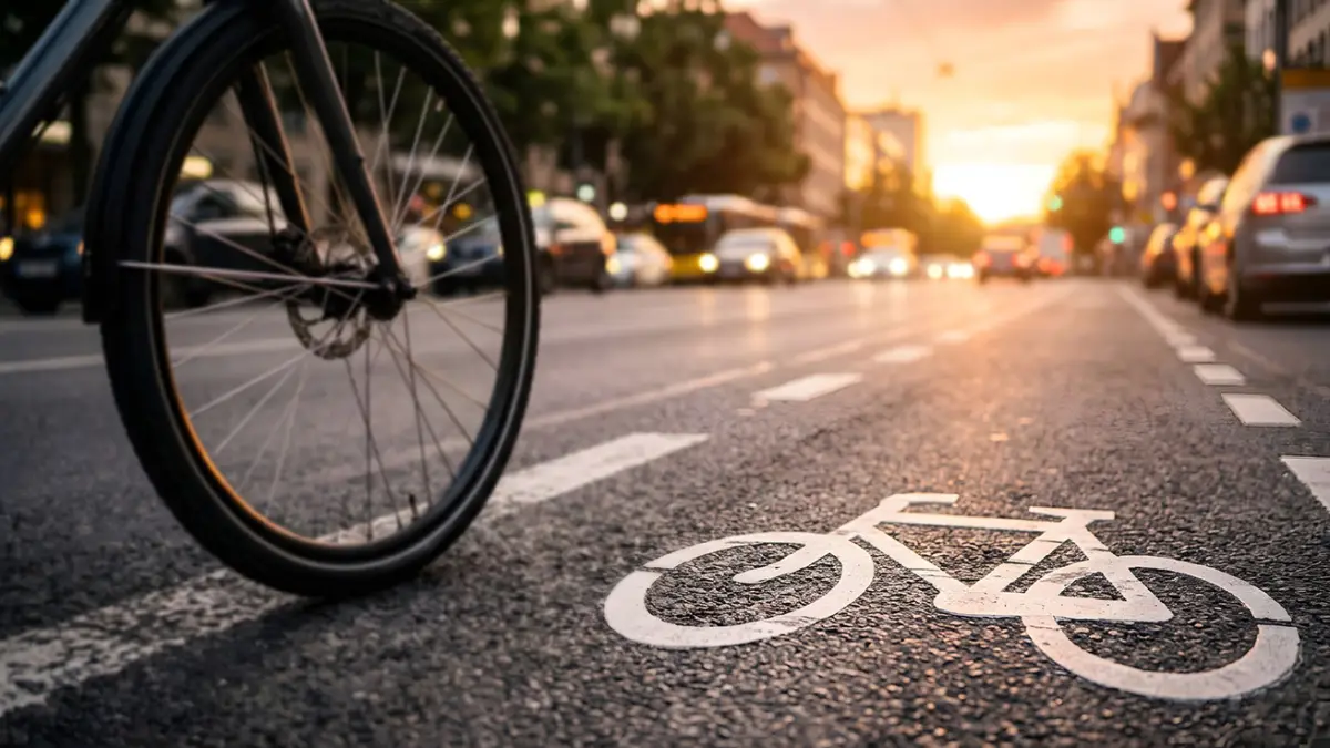 Close up of bicycle wheel on dedicated urban bike lane with blur