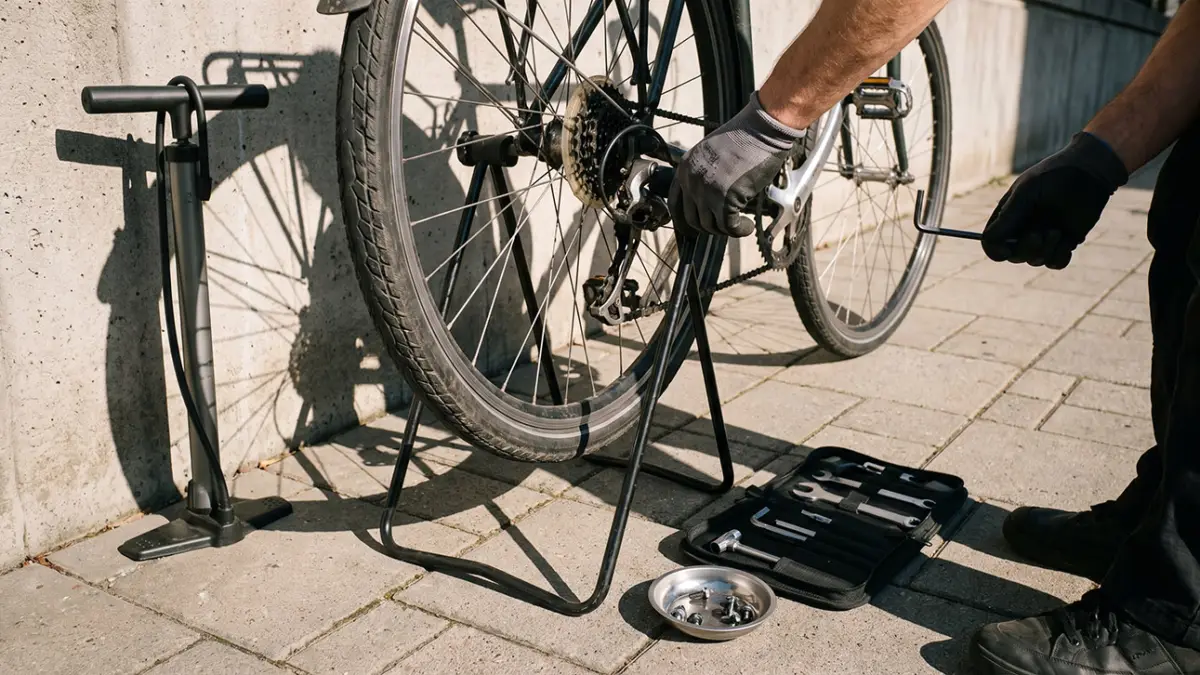 Portable bicycle service scene showing drivetrain adjustment during an on-site repair visit. Useful for mobility, gig economy, sustainable transport, maintenance, and local service business communication.
