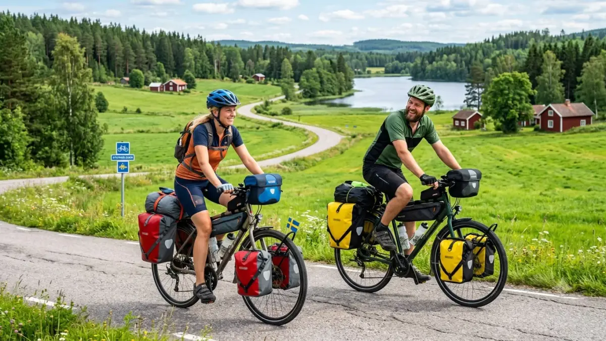 Ett par ute på cykelsemester med fullpackade cyklar.