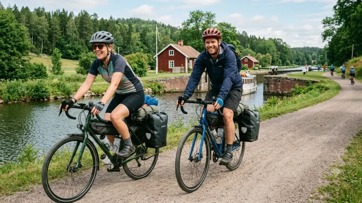 Par som cyklar utefter Göta kanal med packade cyklar
