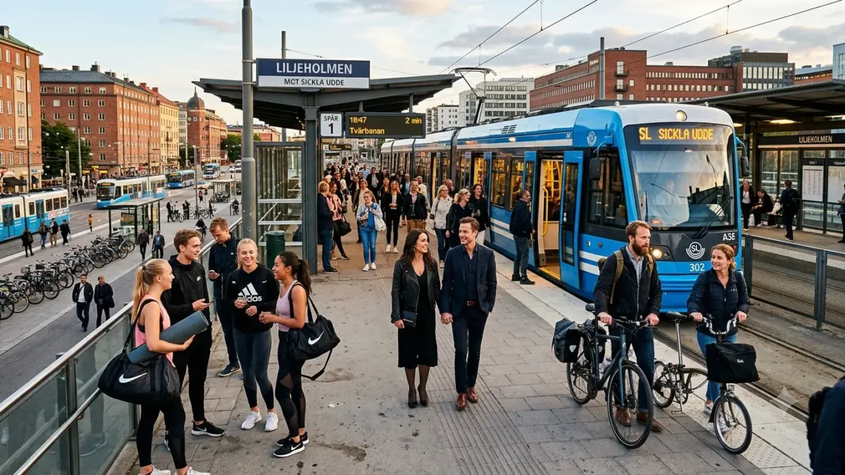 A bustling urban transit hub in Stockholm on a Saturday evening
