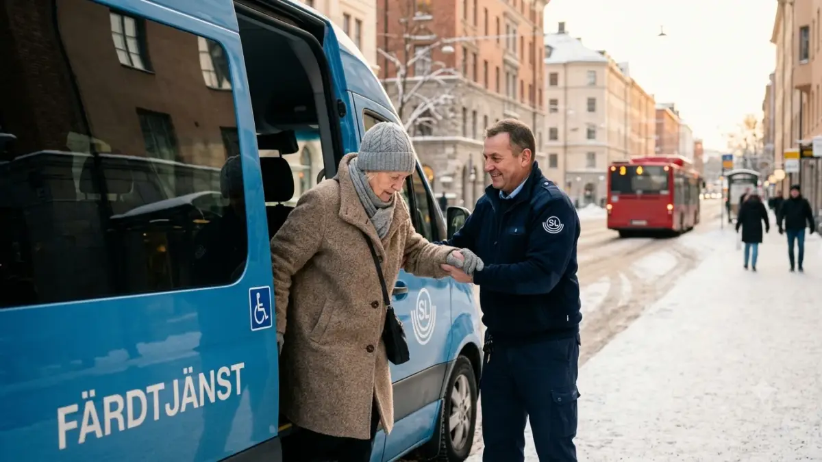 Äldre kvinna kliver in i en färdtjänstbil med hjälp av en leende chaufför på en stadsgata