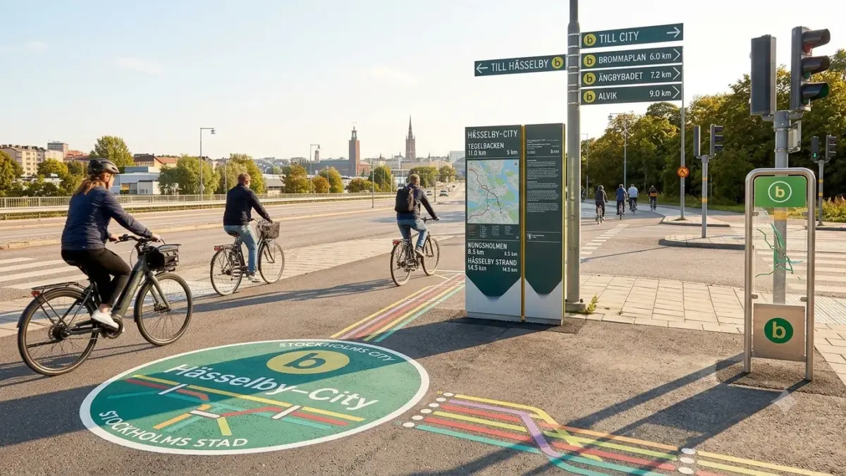 Cyklister på cykelstråket Hässelby–city med nya orienteringsskyltar och markmålningar från konceptet Stockholms cykelbana