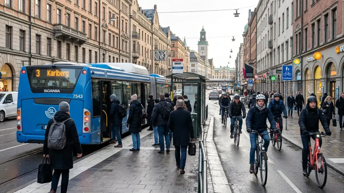 Pendlare i Stockholm väljer mellan buss och cykel under rusningstid på en stadsgata