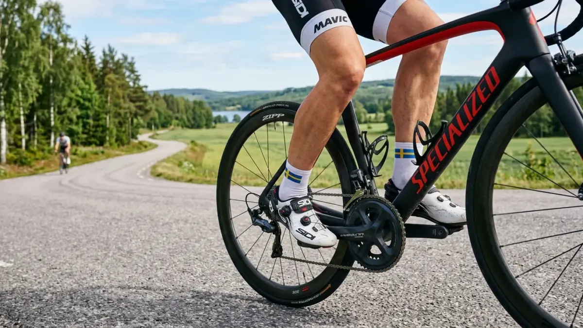 Cykelsko fastklickad i pedal på landsvägscykel