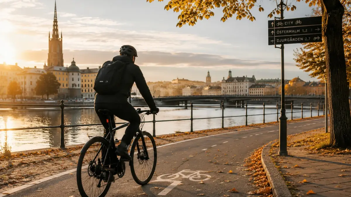 En cykelpendlare på hybridcykel längs en stadscykelbana i Stockholm en höstmorgon