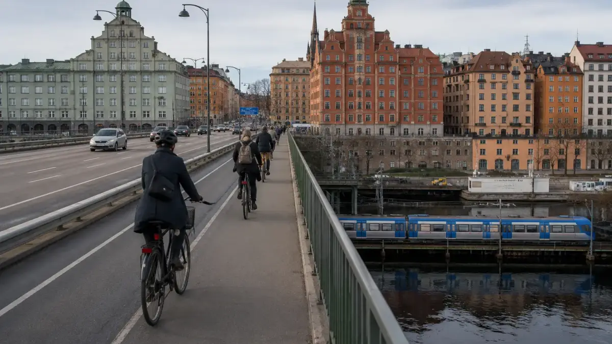 Cyklister på Sankt Eriksbron i Stockholm med Barnhusviken i bakgrunden