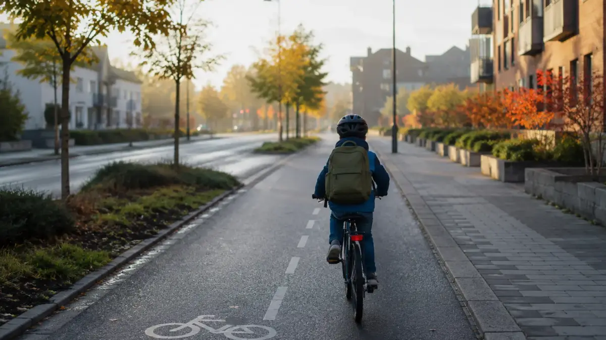 Barn med hjälm cyklar bort från kameran på en markerad cykelbana i en lugn nordisk stadsmiljö en tidig höstmorgon.