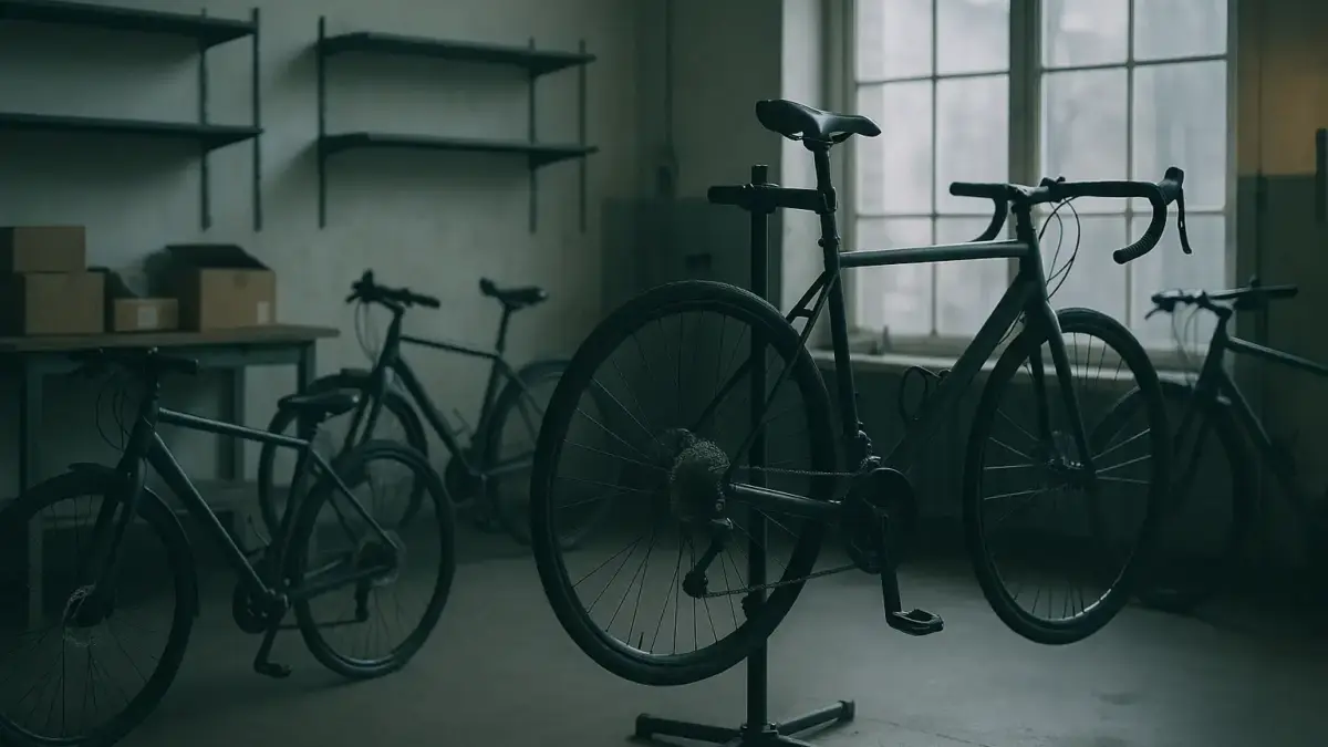 Cyklar står tätt i en stilla verkstad framför nästan tomma hyllor med reservdelslådor.