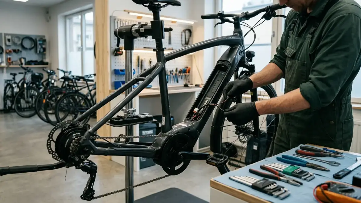 Cykelmekaniker som servar en elcykel i en modern cykelbutik