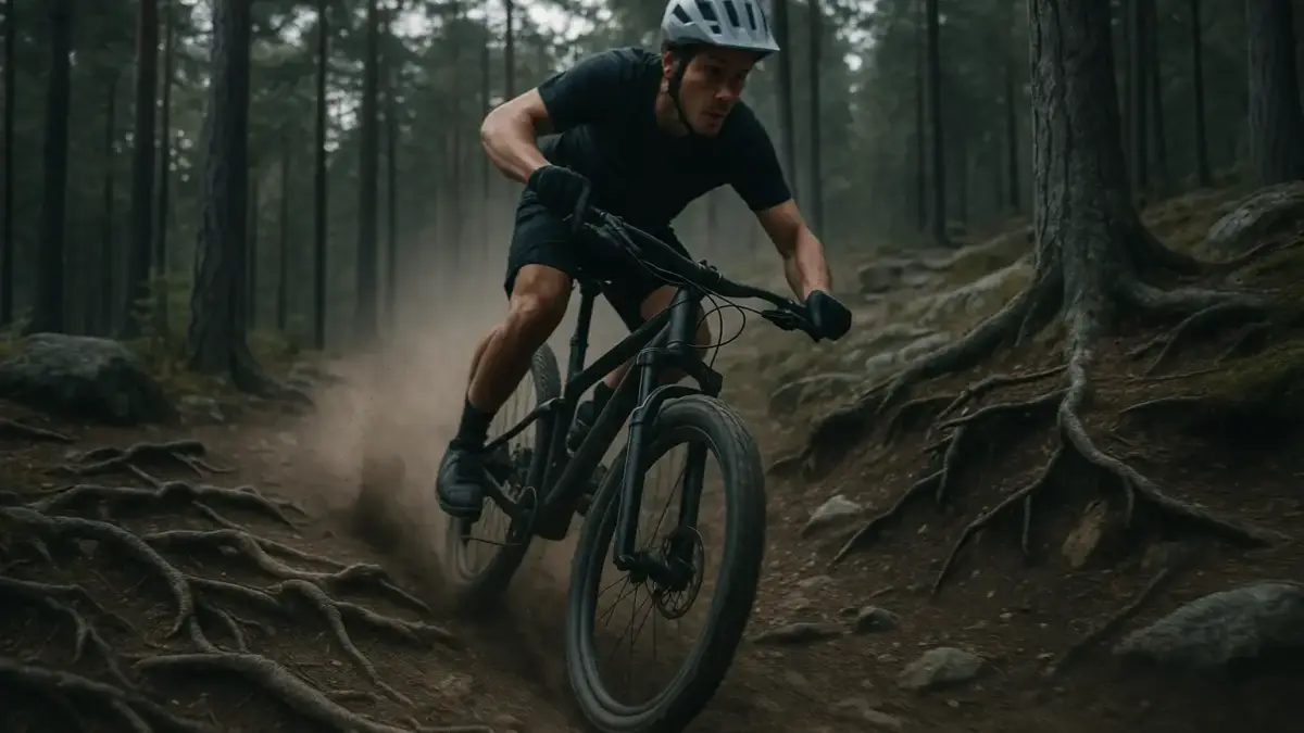 Mountainbikecyklist på skogsstig med rötter och damm i sommarljus.