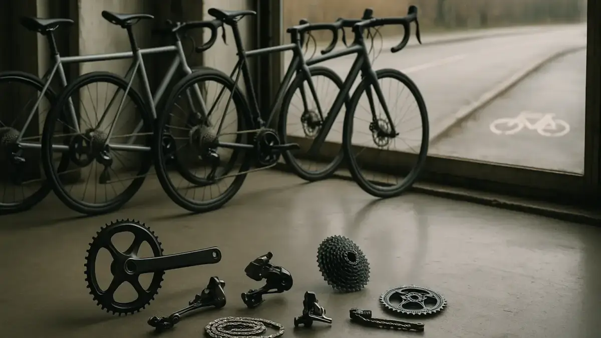 Moderna cyklar och lösa komponenter står i en nordisk verkstad intill en regnvåt cykelbana, med fokus på teknik och framtid.