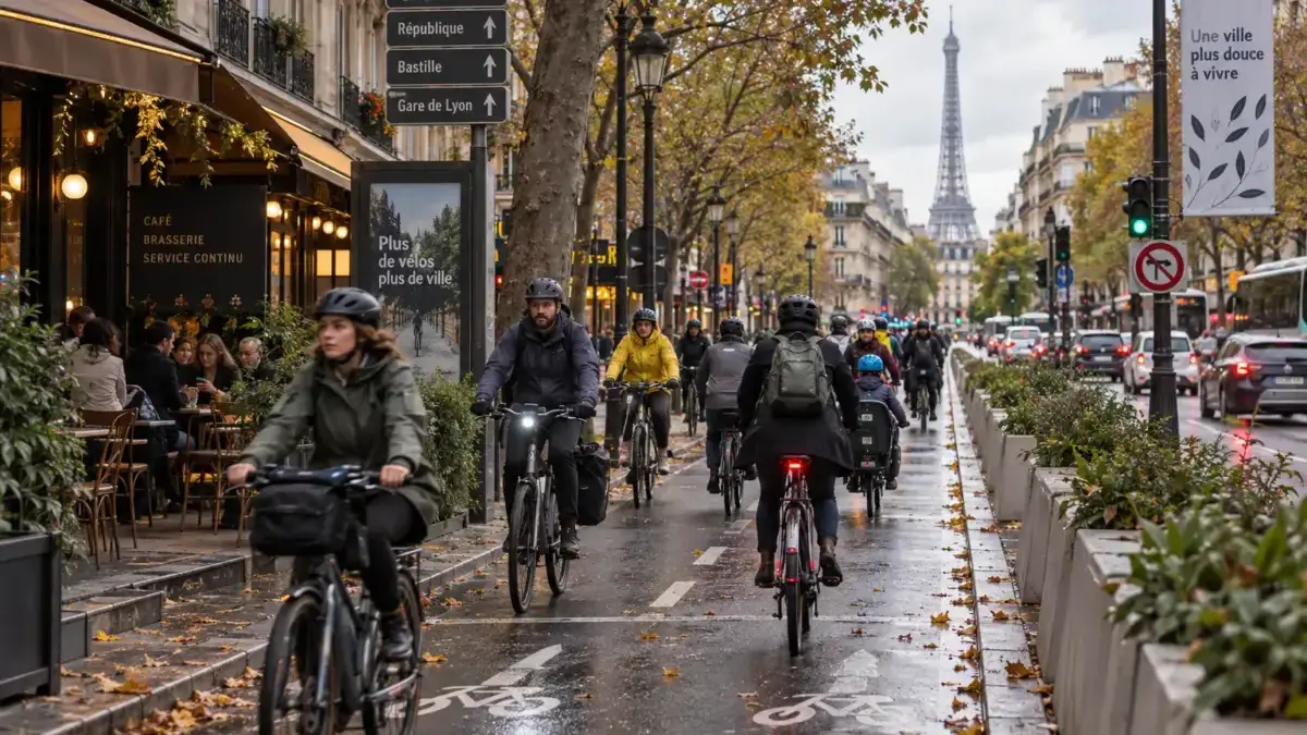 Cyklister på en skyddad cykelbana i centrala Paris en höstdag