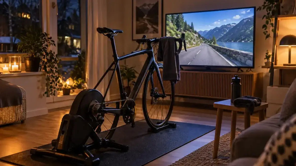 Inomhusträning på en trainer framför en TV-setup.