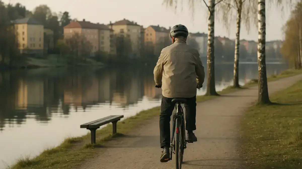 En äldre person sedd bakifrån cyklar längs en lugn gång- och cykelväg vid en sjö i mjukt morgonljus.