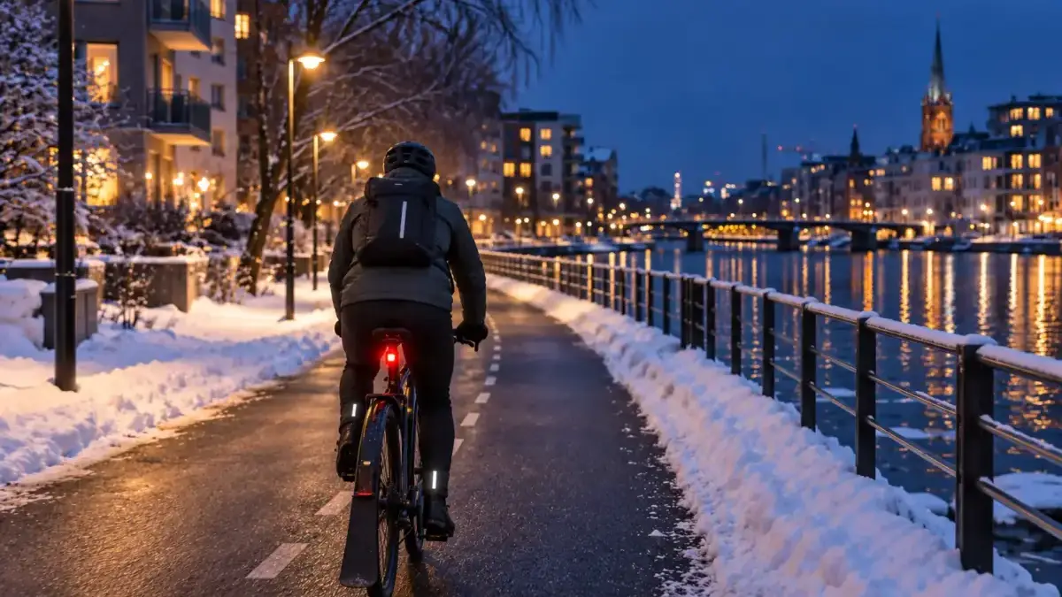 En pendlingcyklist en tidig mörk morgon me den vinterkittad cykel.